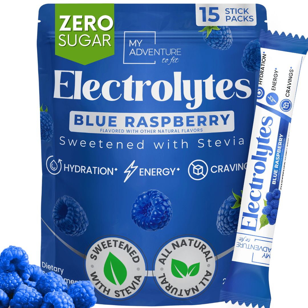 A package of Electrolytes Blue Raspberry flavor with stevia, zero sugar, and 15 stick packs. The package is color blue and displays images of raspberries, a flag indicating all-natural, and a label stating sweetened with stevia.