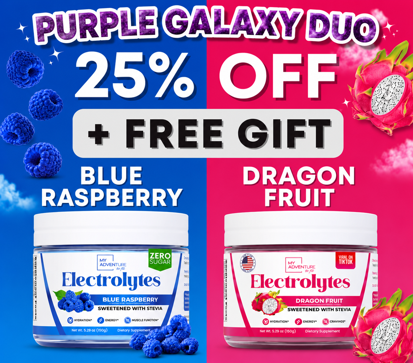 25% OFF - My Adventure to Fit Electrolytes Purple Galaxy Jars Bundle – Dragon Fruit & Blue Raspberry (Sugar-Free, Keto, 25% Off)