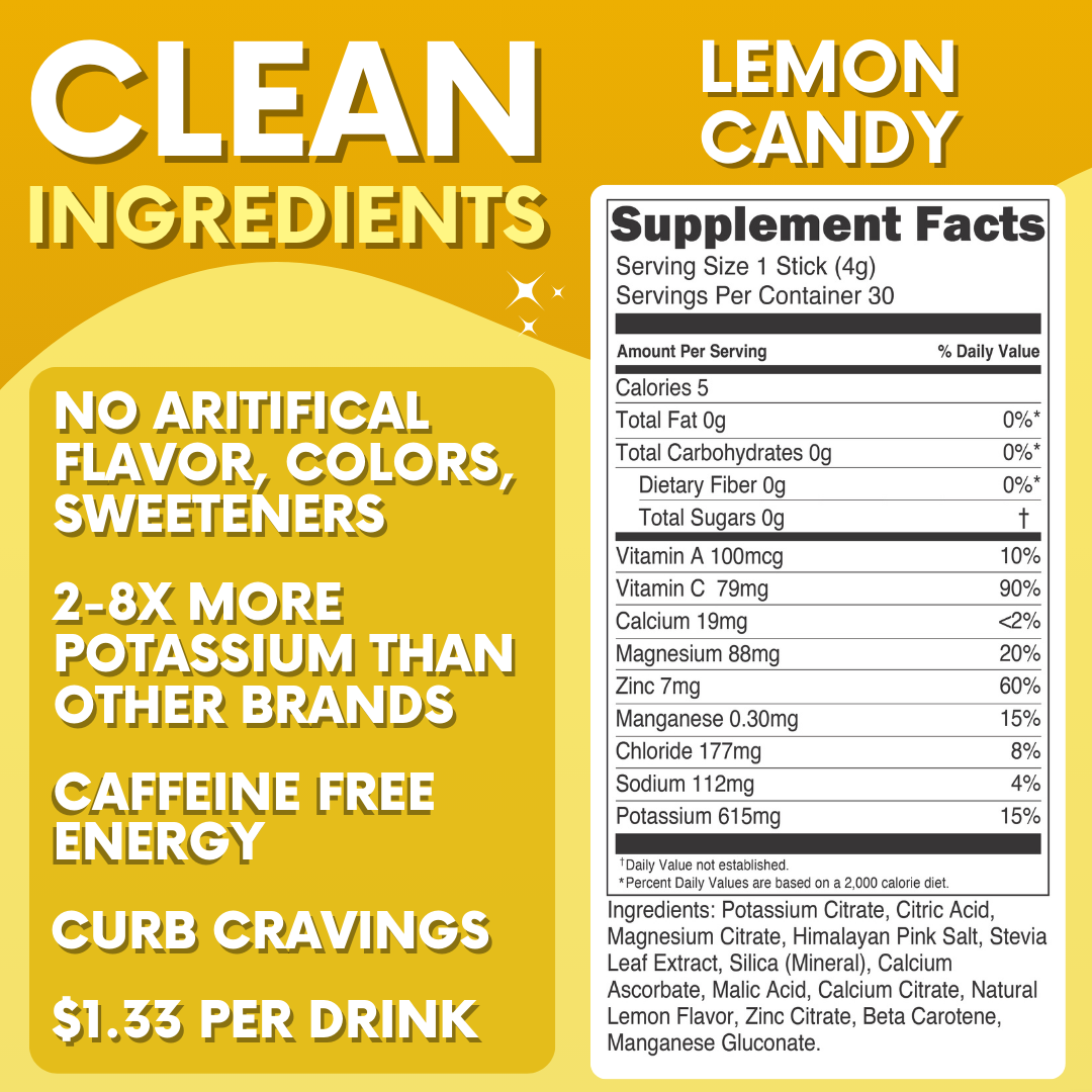 Lemon Candy Electrolytes Powder Stick Pack - 30 Servings - Zero Sugar - No Artificial Flavors, Colors or Sweeteners - 15 Sticks - 2-8X More Potassium - No Salty Taste - Refreshing Hydration - Caffeine Free Energy - Vegan, Keto & Paleo