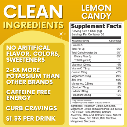 Lemon Candy Electrolytes Powder Stick Pack - 30 Servings - Zero Sugar - No Artificial Flavors, Colors or Sweeteners - 15 Sticks - 2-8X More Potassium - No Salty Taste - Refreshing Hydration - Caffeine Free Energy - Vegan, Keto & Paleo