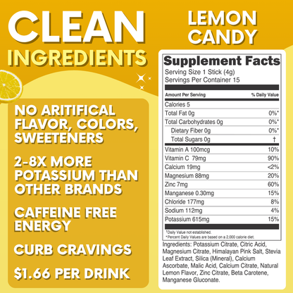 Lemon Candy Electrolytes | ZERO SUGAR Hydration | 15 Count Sticks