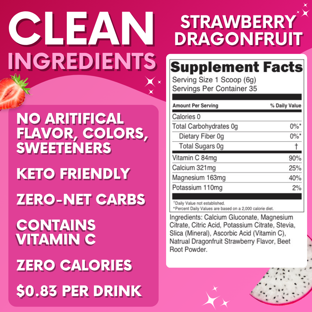 Strawberry Dragon Fruit Calcium Magnesium - 30 Servings | Zero Sugar Stress & Cramp Support