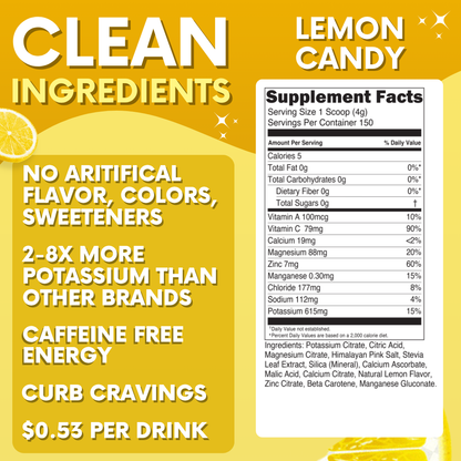 Lemon Candy Electrolytes | ZERO SUGAR Hydration | FAMILY SIZE - 150 Servings