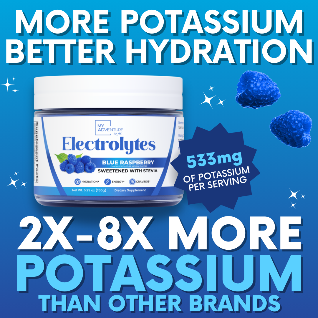 My Adventure to Fit Blue Raspberry Electrolytes Powder container with label showing zero sugar, clean ingredients, and 37 servings for busy moms’ hydration.