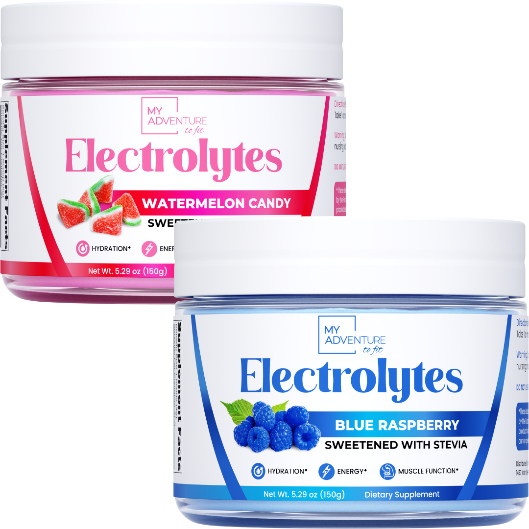 Two tubs of My Adventure to Fit Electrolytes Powder (Watermelon Candy and Blue Raspberry flavors) shown together – a sugar-free, keto-friendly hydration drink mix.